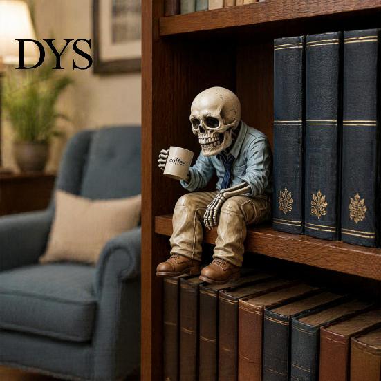 Working Man Skeleton Figure Funny Sitting Figurine Holding Coffee Cup, Vintage Resin Personalized Office Table Ornaments Desk Ornament, Unique