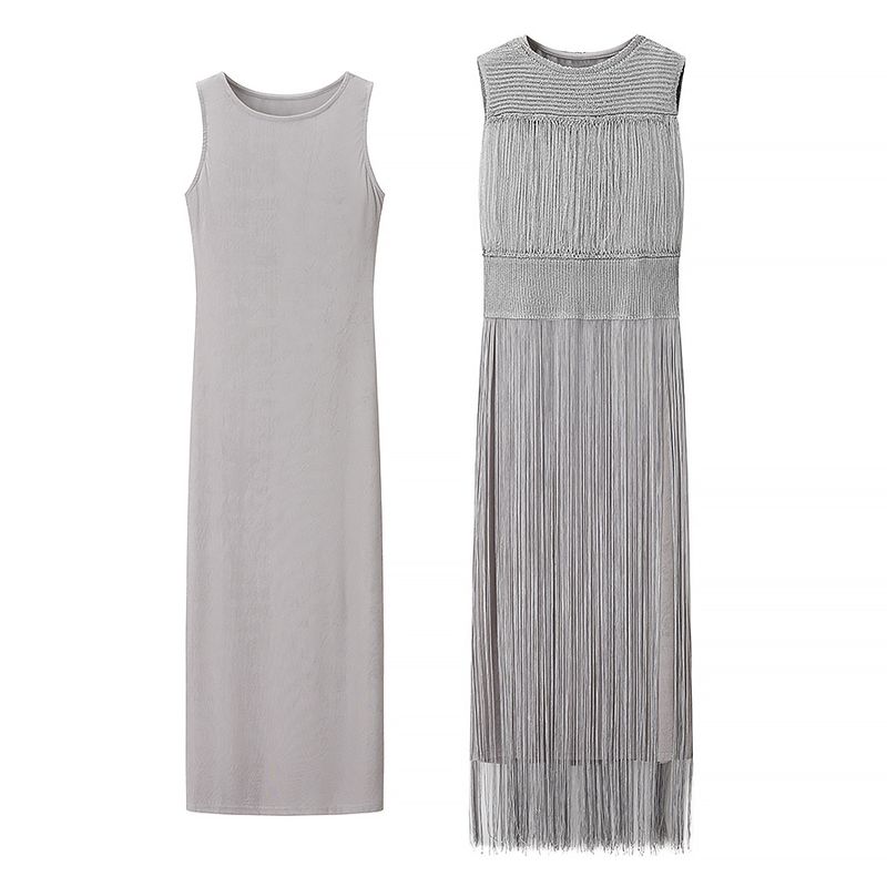 Summer New Product Women's Clothes Fashion Style round Neck Sleeveless Decorated Tassel Knitting Evening Dress Clothing Dress Two-piece Set