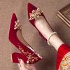 Fashion 2025 New Gold Embroidered Flowers Thick High Heels Women's Big String Bead Decor Wedding Pumps Woman Suede Point Toe Party Shoes