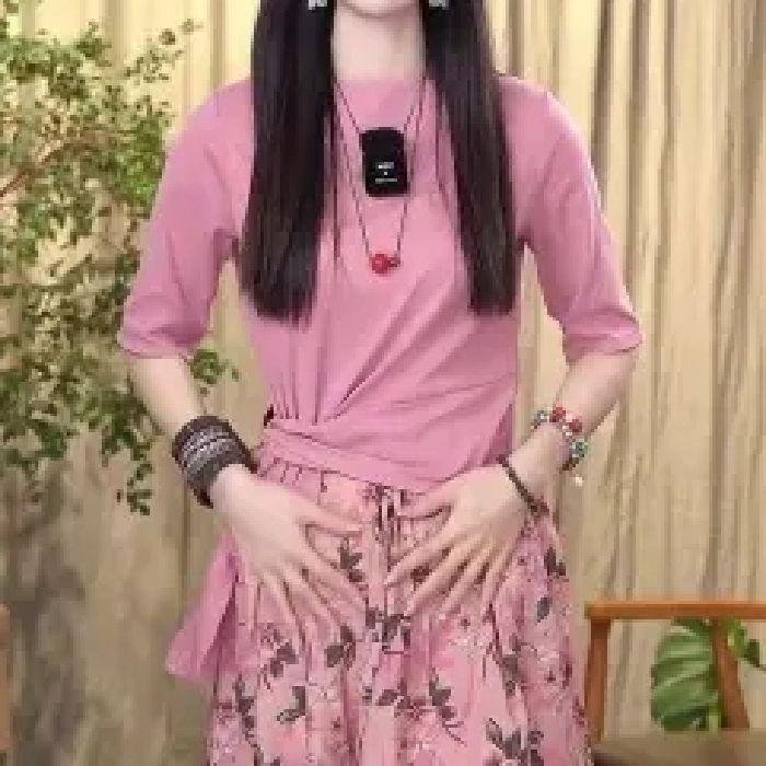 Chic Irregular Short Sleeve Top & Floral High Waist Midi Skirt Set