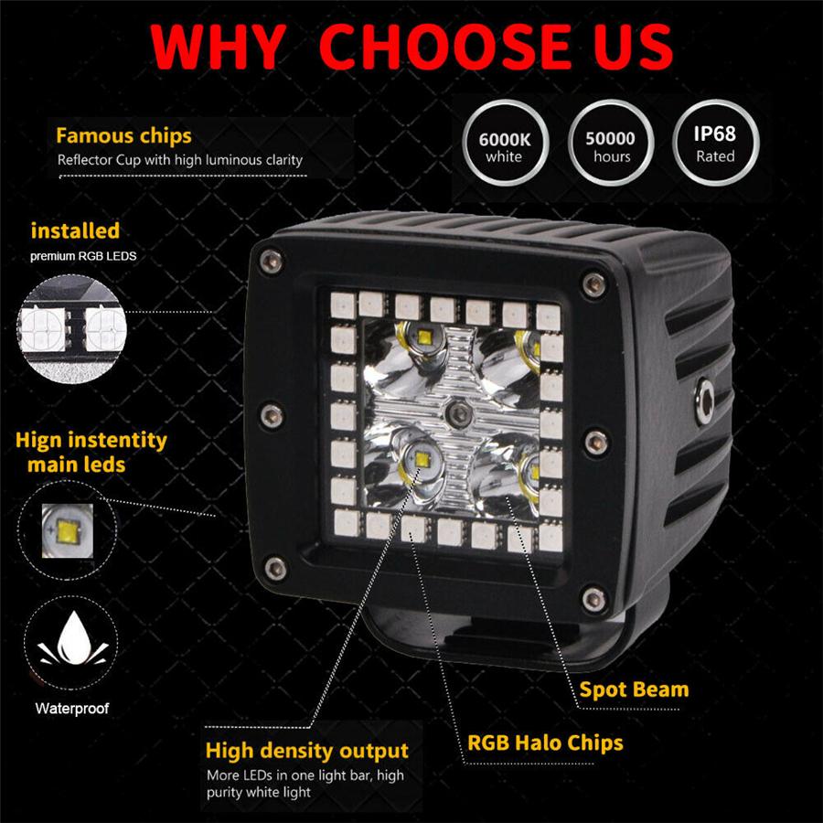 2x 3" Spot Pods LED Work Light RGB Halo Ring Chasing Multi-Color Remote Control