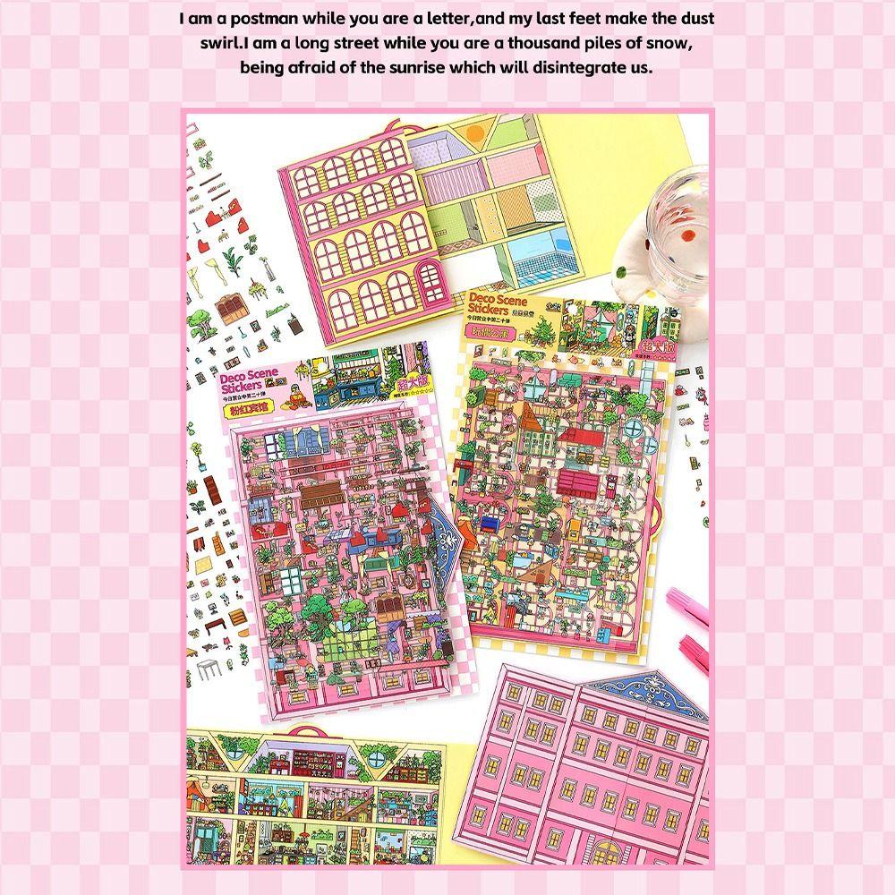 2.5D Landschaftsaufkleber Mehrfarbig Wohnungs-Landschafts-Aufkleber-Set Rosa Hotel Cartoon-Muster Landschaftsgestaltung Decal Scrapbooking