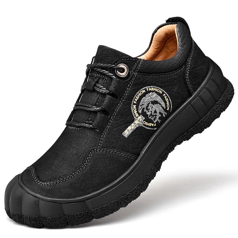 2024 New Men Leather Casual Hiking Shoes Outdoor Antiskid Genuine Leather Walking Shoes Soft Homme Classic Ankle Flats Moccasin