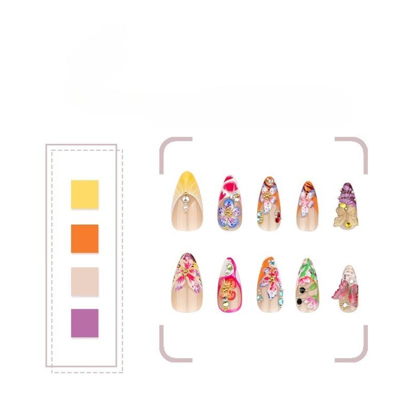 Tropical flower 3D wearing nail piece three-dimensional point drill butterfly French nail piece cross-border hot-selling color fake nail manicure