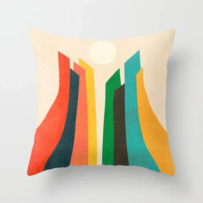 Colorful Geometric Landscape Pillowcase Sun and Moon Mountain Pattern Cushion Modern Art Style Sofa Decoration Pillow