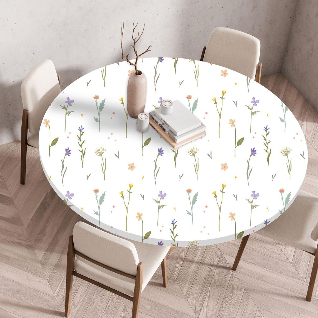 Plant Flower Patterns Round Tableclothes for Dining Table Fitted Table Protector Cover Elastic Edge Desk Decoration Waterproof