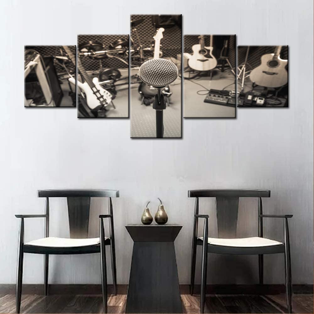 5Pcs Focus Microphone Blur Musical Equipment Guitar Lyric Drum Pia 5 Pieces Canvas Paintings HD Print Home Decor No Framed Wall