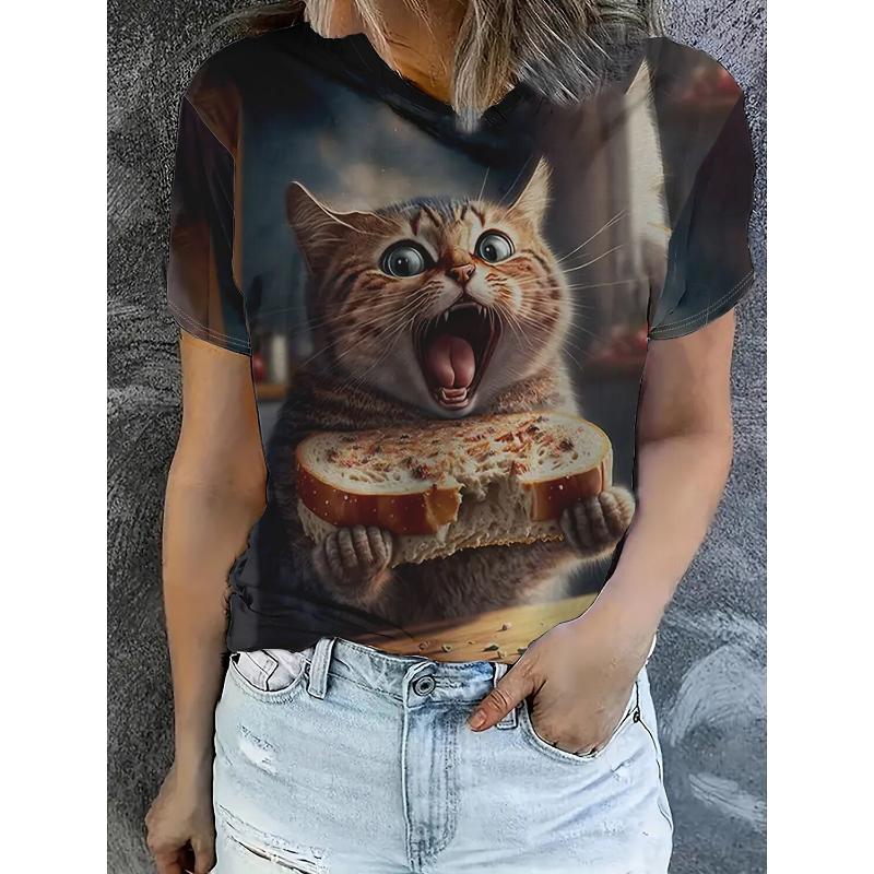 

Summer Fashion Women s Animal T Shirt Stylish Kawaii Cat Printed Casual Short Sleeve Crew Neck Tees Round Neck Regular Tops XL