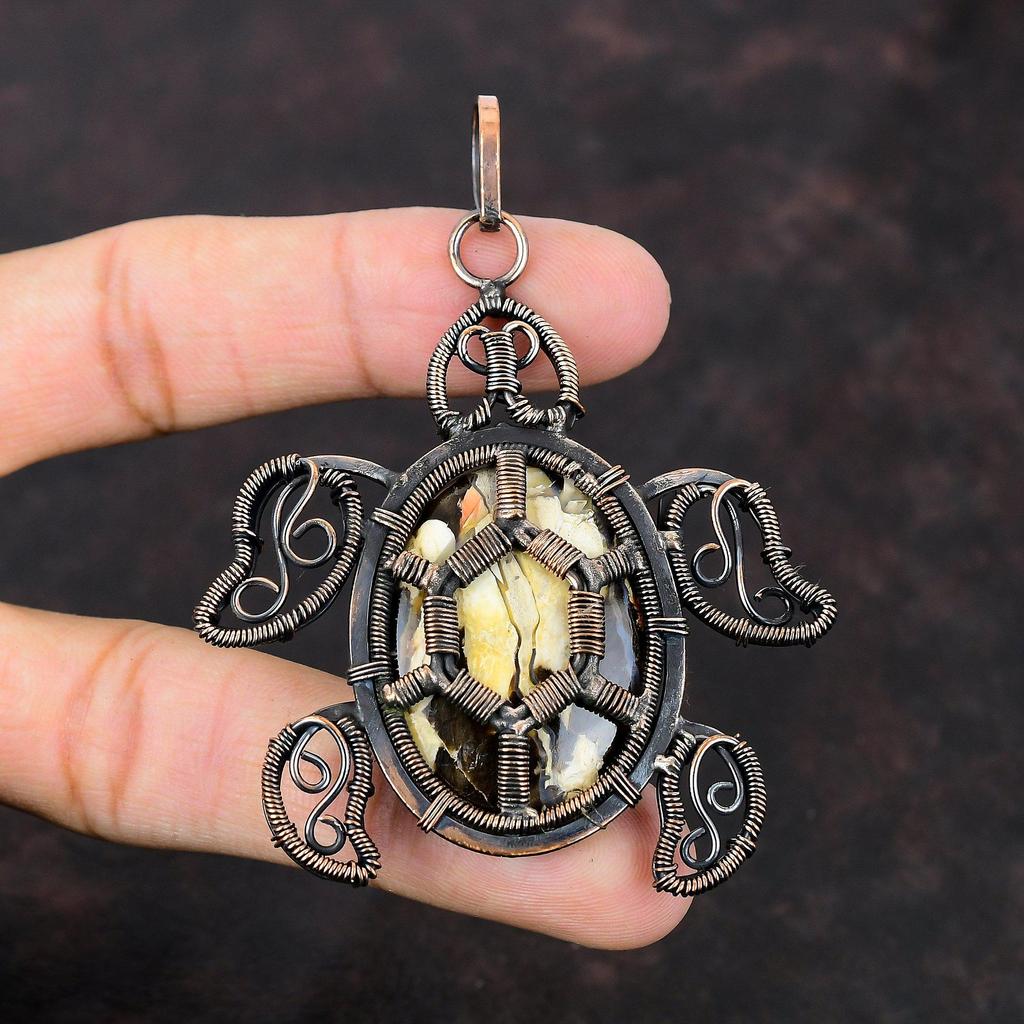 Pandantiv din Piatră Jasp Lemn de Arahide, Pandantiv Înfășurat în Sârmă de Cupru, Pandantiv Broască Țestoasă, Bijuterii din Cupru, Cadou pentru Nuntă, Bijuterii Handmade Înfășurate în Sârmă