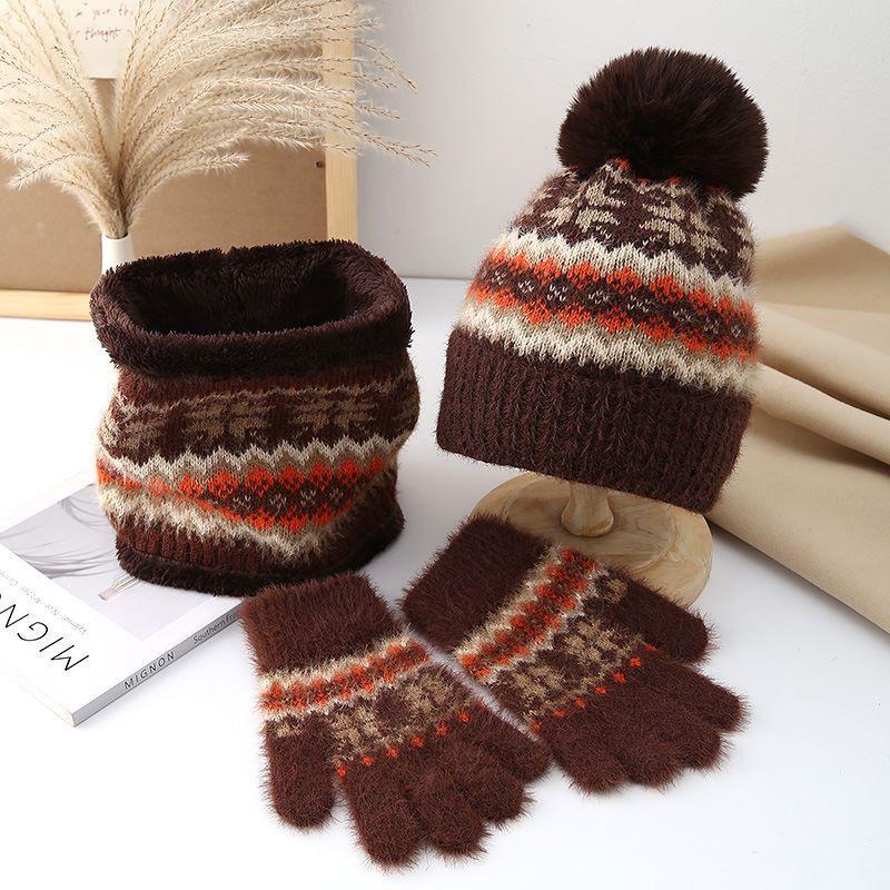 Wool hat women's autumn and winter new plush warm hairball pullover hat ear protector knitted hat scarf gloves