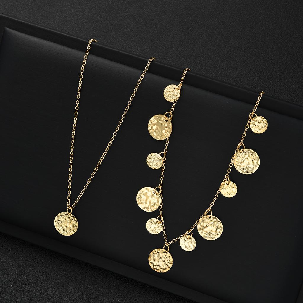 2Pcs Gold Color Textured Coin Fringe Tiered Necklace Set Chunky Disc Pendant Layered Choker Fashion Y-Necklace for Party Gifts