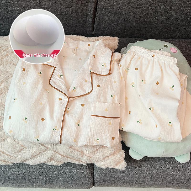 Damen Cartoon Pyjama-Set aus Wolkenbaumwolle mit Brustpolster - Langarm-Cardigan und Revers für Frühling und Herbst