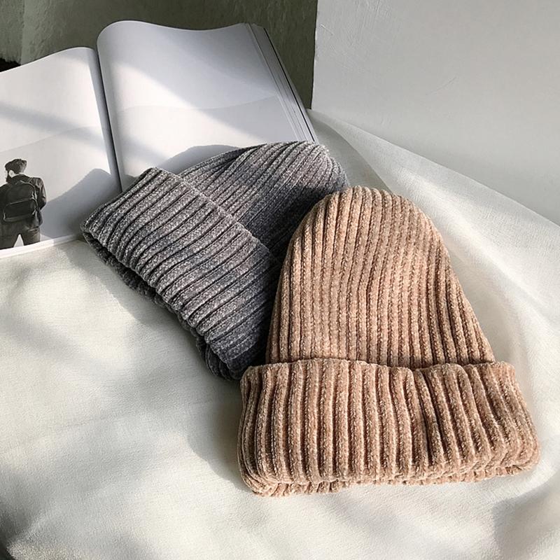 Klassische Damen Chenille Samt Wintermütze Retro Beanie Mütze Vintage Gerippt Gestrickt Fischer Hip Hop Einfarbig Sturmhaube