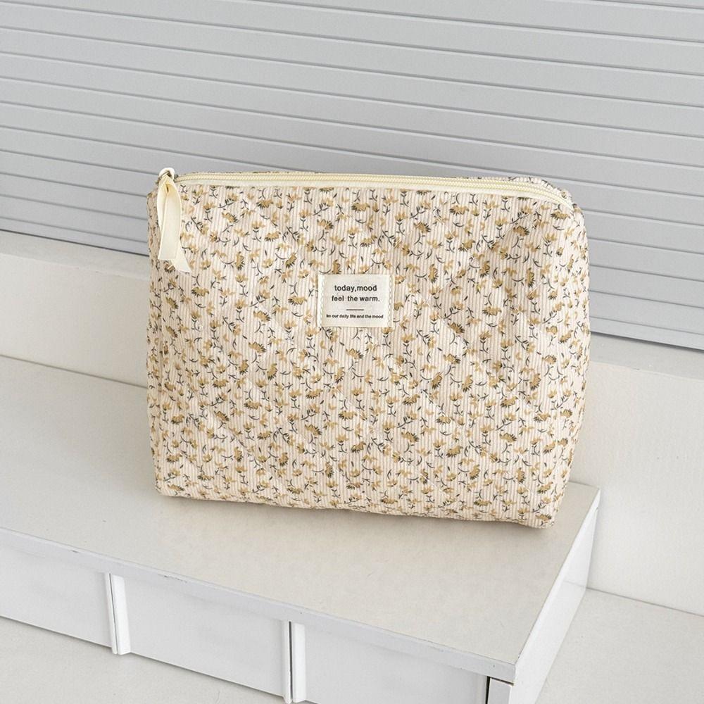 Fashion Corduroy Aesthetic Cosmetic Organizer Large Capacity Zipper Skincare Clutch Floral Makeup Pouch Cosmetics