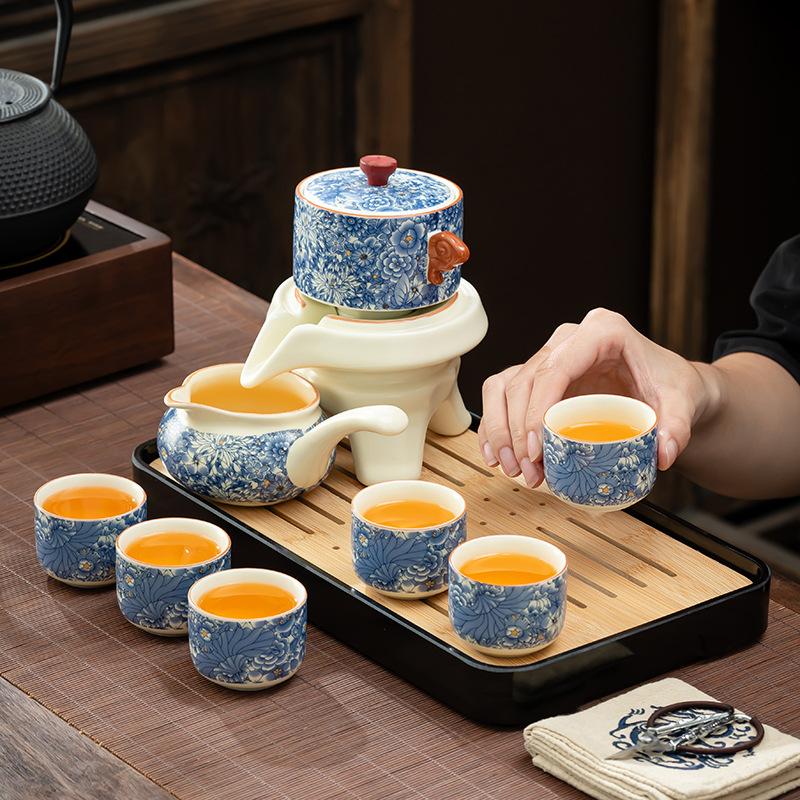 Household Ru Kiln Retro Flower Tea Set Complete Set Ceramic Household Living Room Tea Pot Premium Business Souvenir