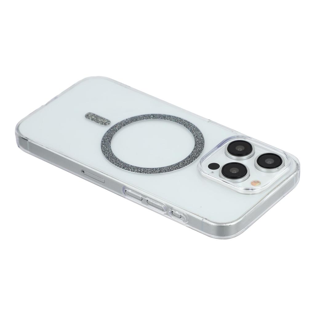 For iPhone 14 Pro Magnetic Case Glitter Ring 1.5mm Hard PC Clear Phone Cover
