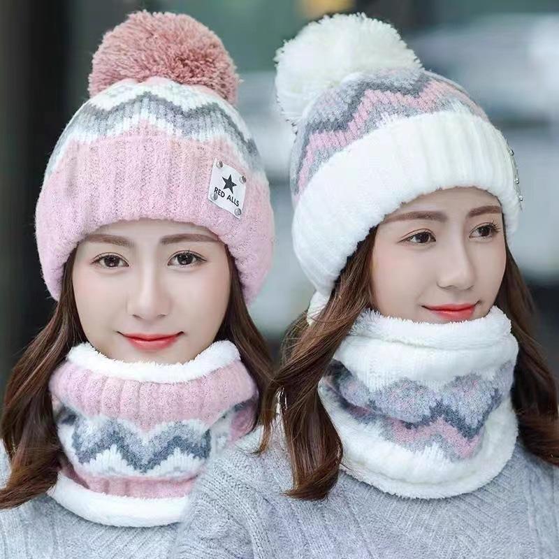 New winter velvet thickened wool hat women's warm scarf knitted hat windproof and cold-proof pullover hat