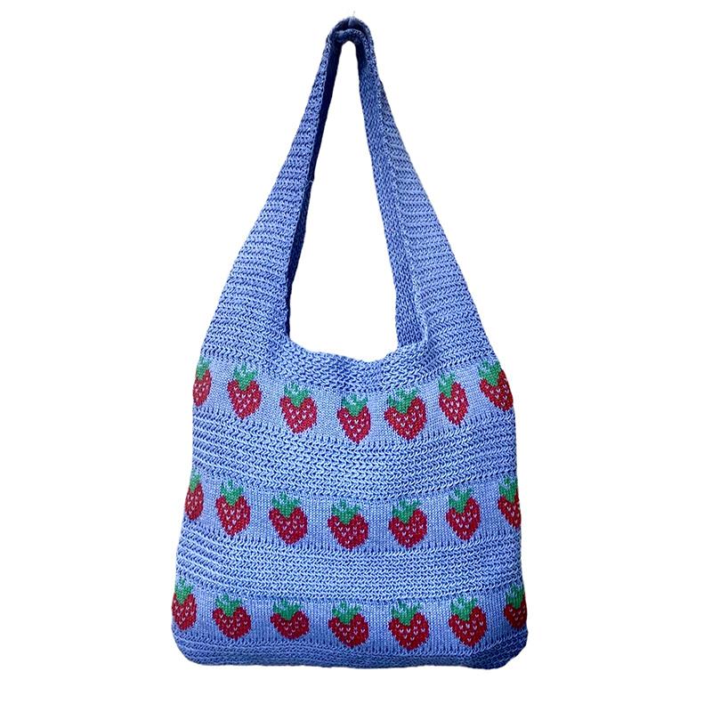 

Casual Sweet Strawberry Print Knitted Shoulder Large Capacity Handbag Tote Bag Fashion Shopping Handbags Women Gifts синий