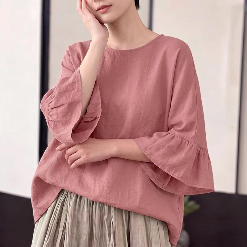 ZANZEA Women Casual Round Neck Solid Color Loose 3/4 Sleeve Cover Up Blouse