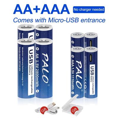 1.5V AA USB Rechargeable Li-ion AA Battery 2800mWh +USB 1.5V AAA Lithium Rechargeable Battery AAA 1110mWh with USB Cable