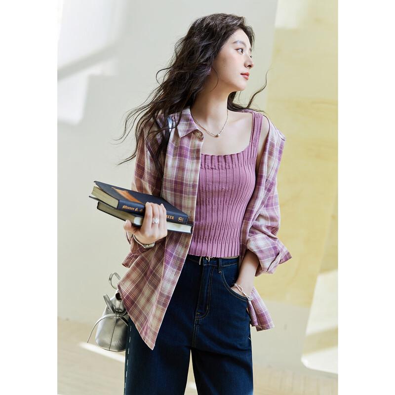 Mishow Women s 100% Cotton Long Sleeve Purple Plaid Shirt Jacket M