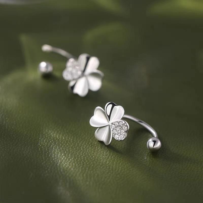 Real 925 Sterling Silver Zircon Clover Bead Screw Plant Stud Earrings For Women Classic Fine Jewelry Light Luxury Accessories