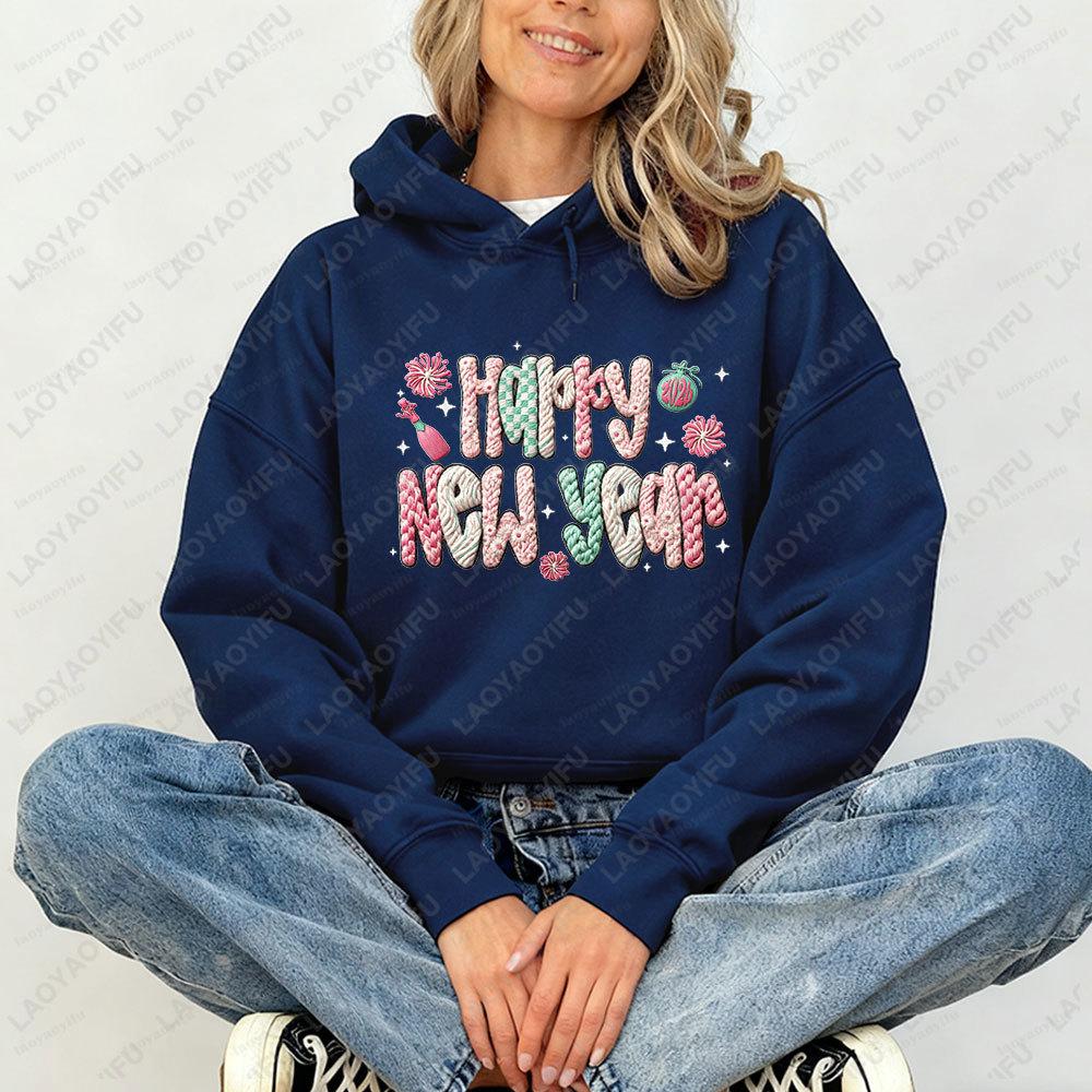 Happy New Year 2026 Women Hoodies Hello 2026 Faux Crochet Coquette Faux Yarn Printed Long Sleeve Sweatshirt Winter Sweater Women