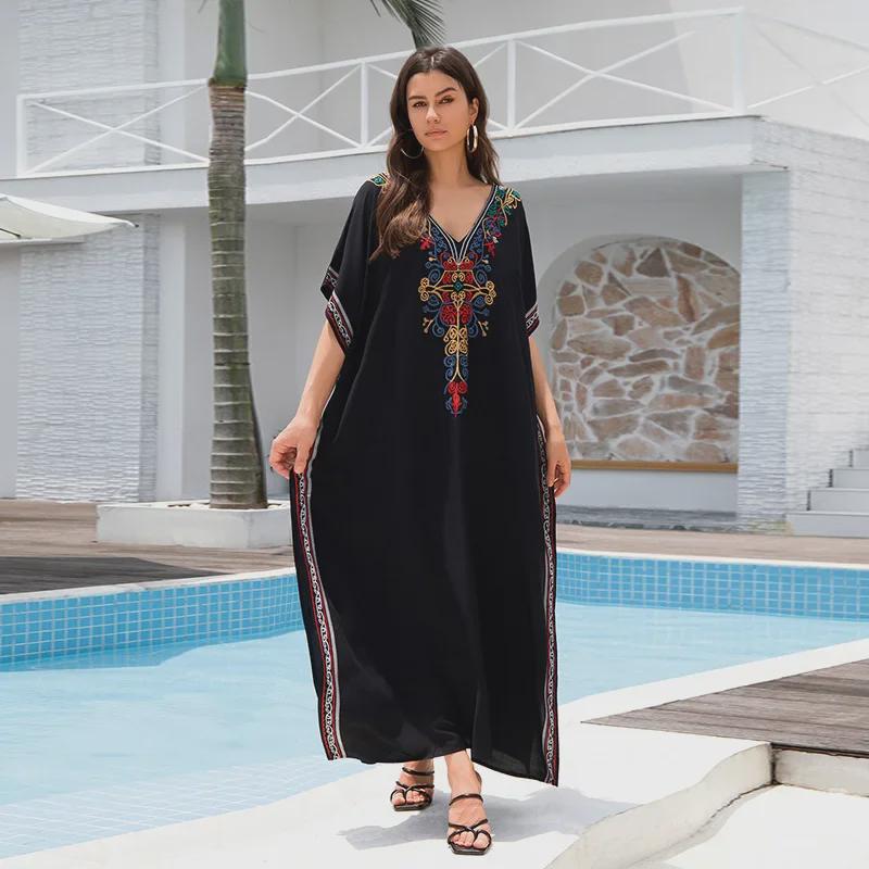 "European & American Embroidered Cotton Maxi Skirt: Women's Beach Sun Protection Robe"