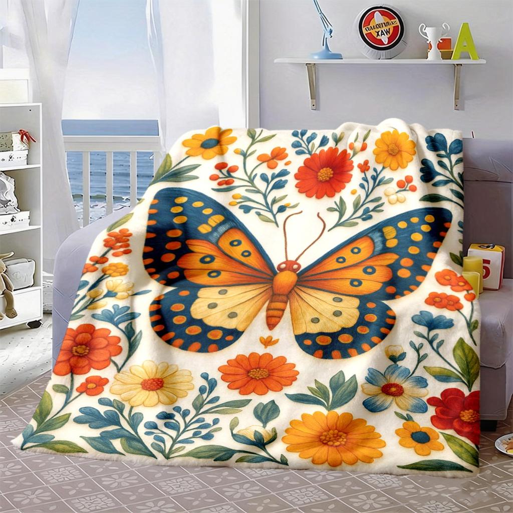 2026 New Arrivals 1pc Butterfly On Flower Art HD Printed Flannel Blanket - Soft Warm All-Season Outdoor Throw for Camping, Travel, Sofa & Bed - Machin