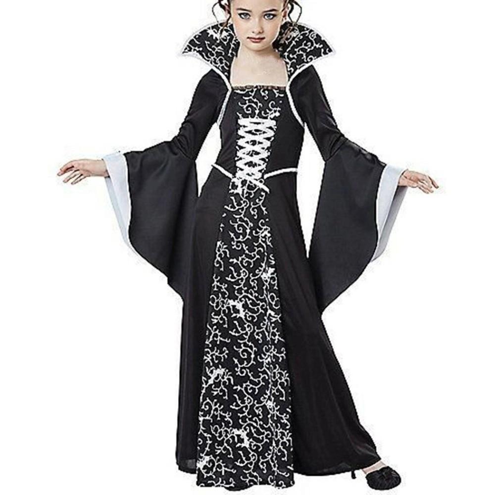 Lace Up Halloween Witch Long Dress Stand Collar Children Medieval Printed Dress  Kids