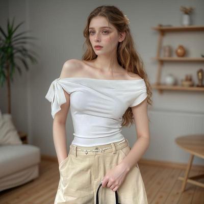 2025 Verão Feminino Estilo Ins Novo Top Cropped Ombro Único Plissado Enrugado Amarrar Torcido Sem Costas Camiseta Assimétrica Top Casual