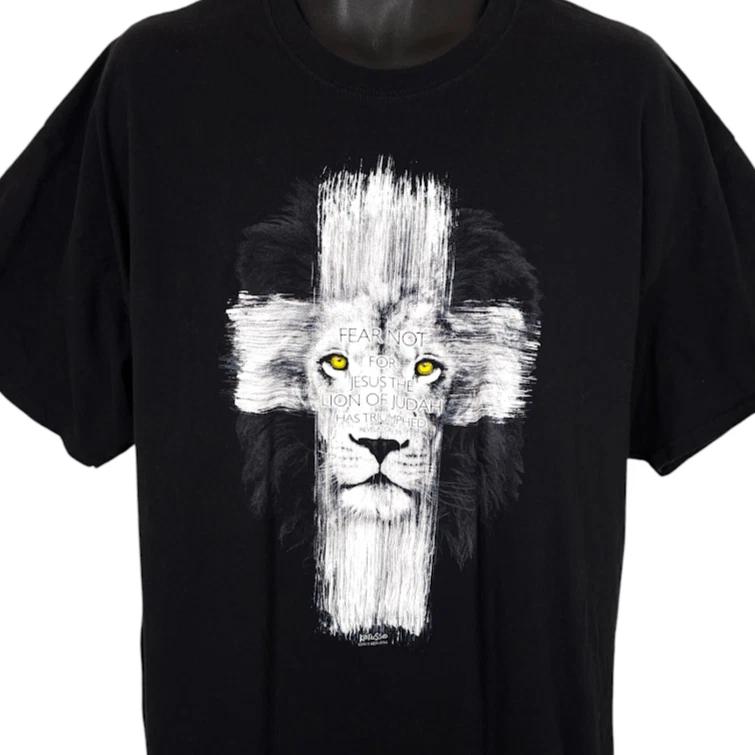 Christian 100% Cotton T-shirt Mens Tees Top Mens Size 2XL Black Jesus Christ Lion Of Judah Revelation 5:5 4XL