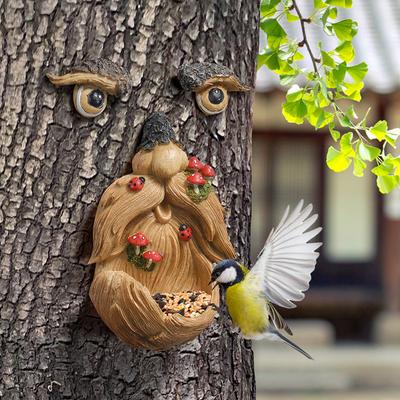 Tree Face Hanging Bird Feeder Sculpture Resin Craft Ornament Garden and Landscape Decorative Items, Horticultural Ornaments