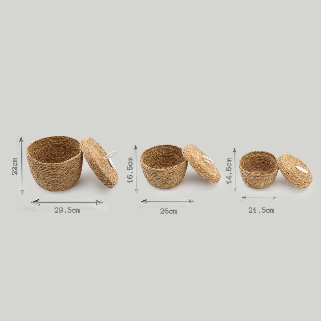Seagrass & Cotton Round Baskets with Lids – Natural – Set of 3