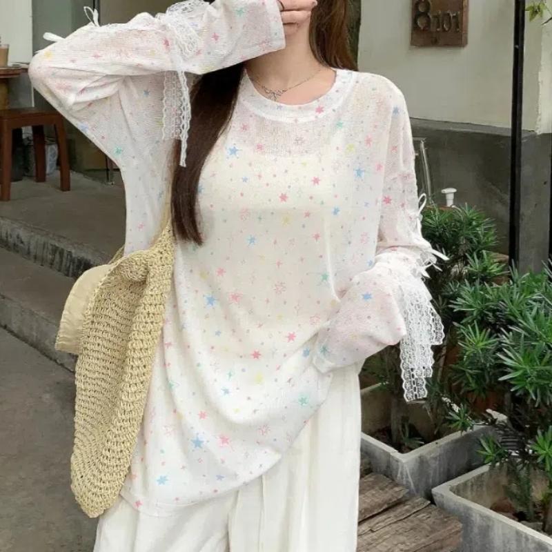 Butterfly Printing Long Sleeve T-shirt Summer New Pattern Thin Style Chic Loose Crew Neck Sunscreen Tops Women's Clothin