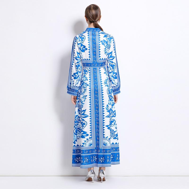 Spring Autumn Women Vintage Print Runway Dresses Full Sleeve Single Breasted Long Maxi Party Dress