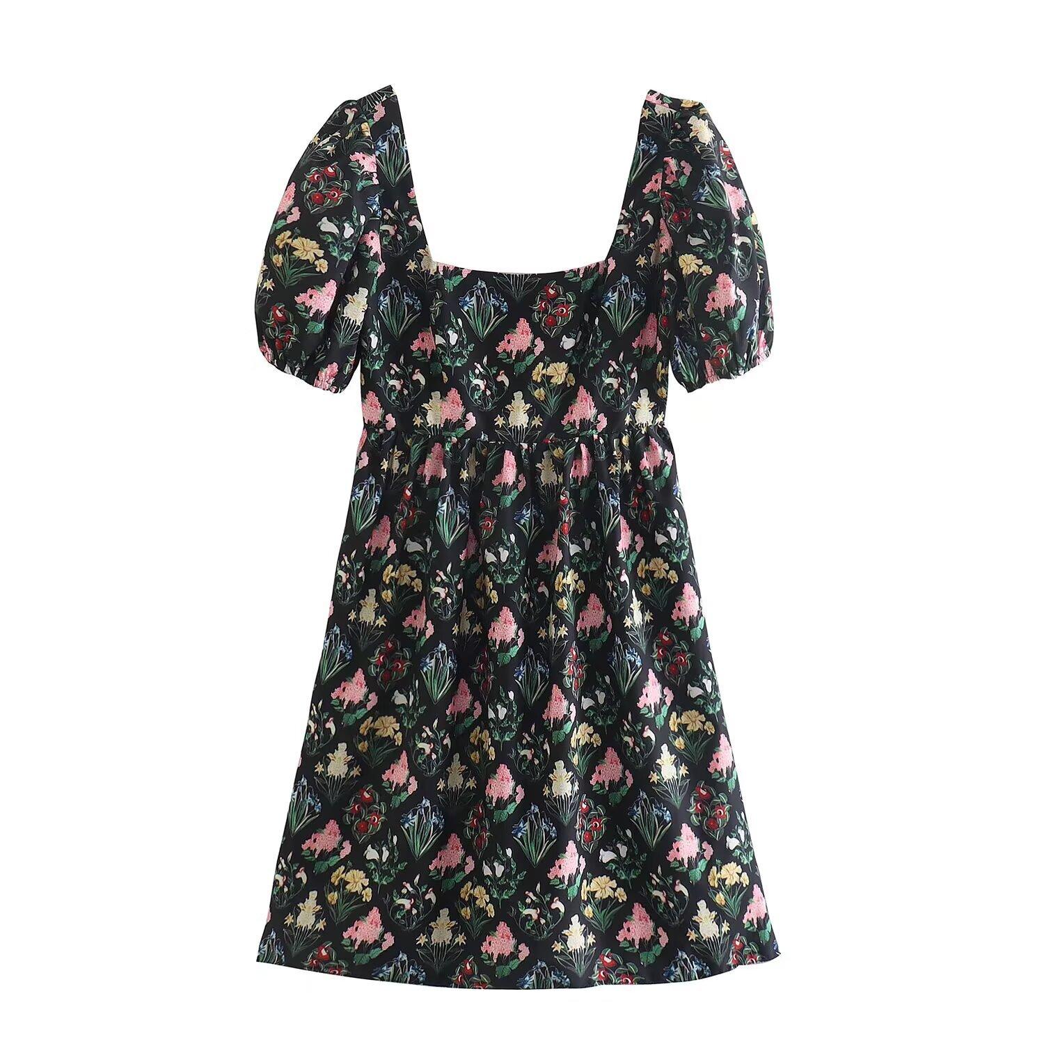 European and American style, new women s clothing, foreign style, fashionable, square neck short-sleeved backless printed dress S