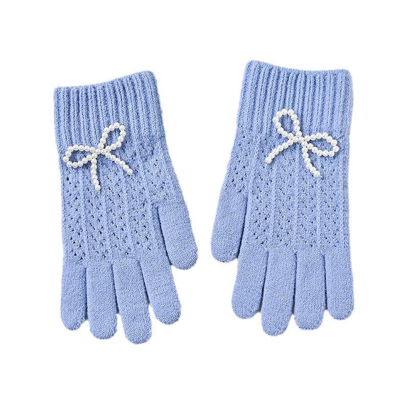 Women's Winter Knitted Touchscreen Gloves with Bow & Pearl