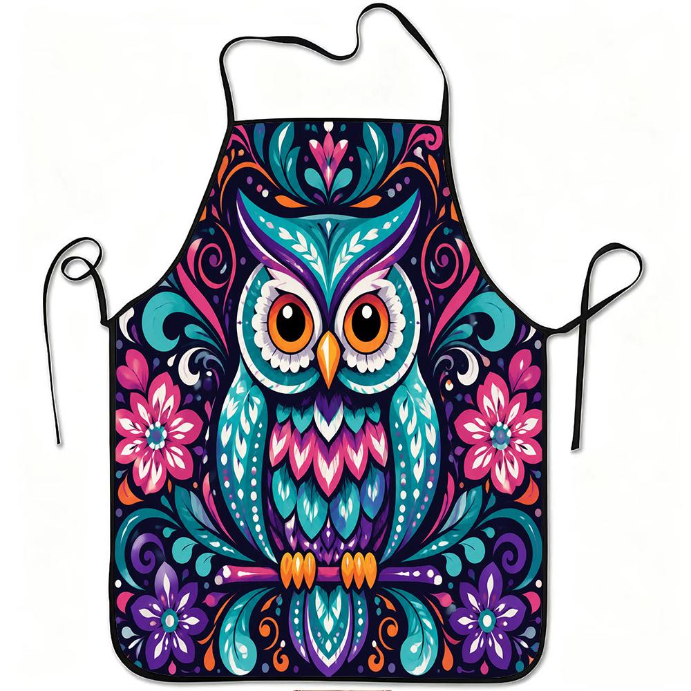 1pc Colorful Owl Floral Art Print Apron, Durable and Easy to Clean, Adjustable Waistband, Polyester Material, for Kitchen Cooking, Gardening, Orchard