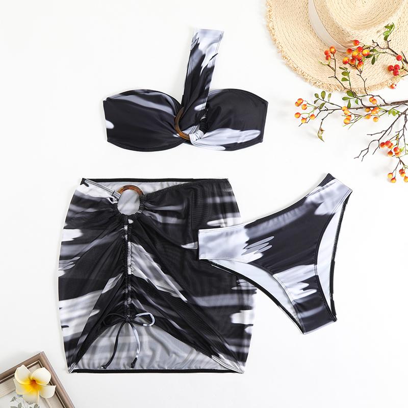 New Sexy Dyed Print One Shoulder Women's Swimsuit Three Piece Bikini Set Single Shoulder Backless Beachwear