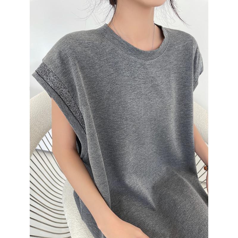 Dimanaf 2024 Plus Size Summer T-Shirt Dress Women Loose Show Thin O-Neck Vintage Cotton Casual Spliced Short Sleeve Solid Long Dress