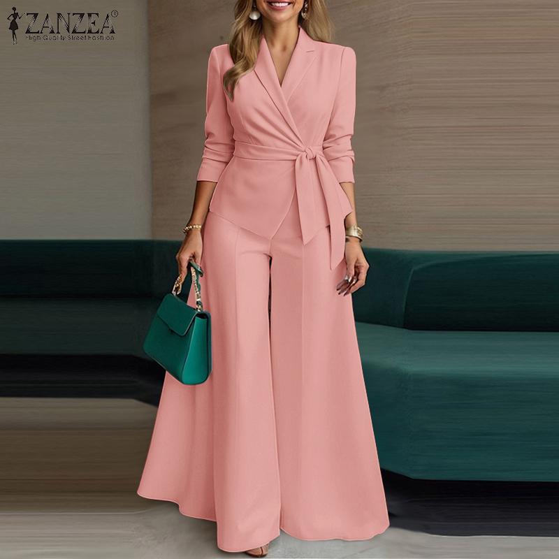 ZANZEA Women Long Sleeve Blouse and Wide Leg Pants Casual Two Piece Suit Sets