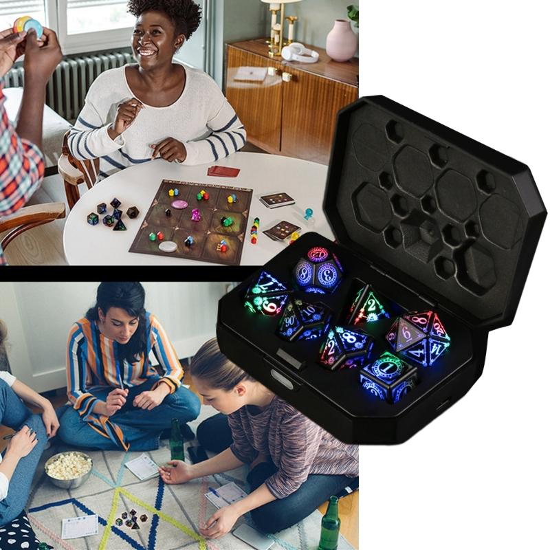 7Pcs Glowing Polyhedral Dices with Charging Box Rechargeable LED Colorful Light Electronic Dices for Role Playing Game