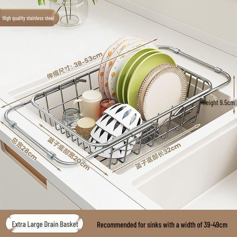 Retractable Stainless Steel Sink Basket and Dish Drying Rack for Kitchen Use