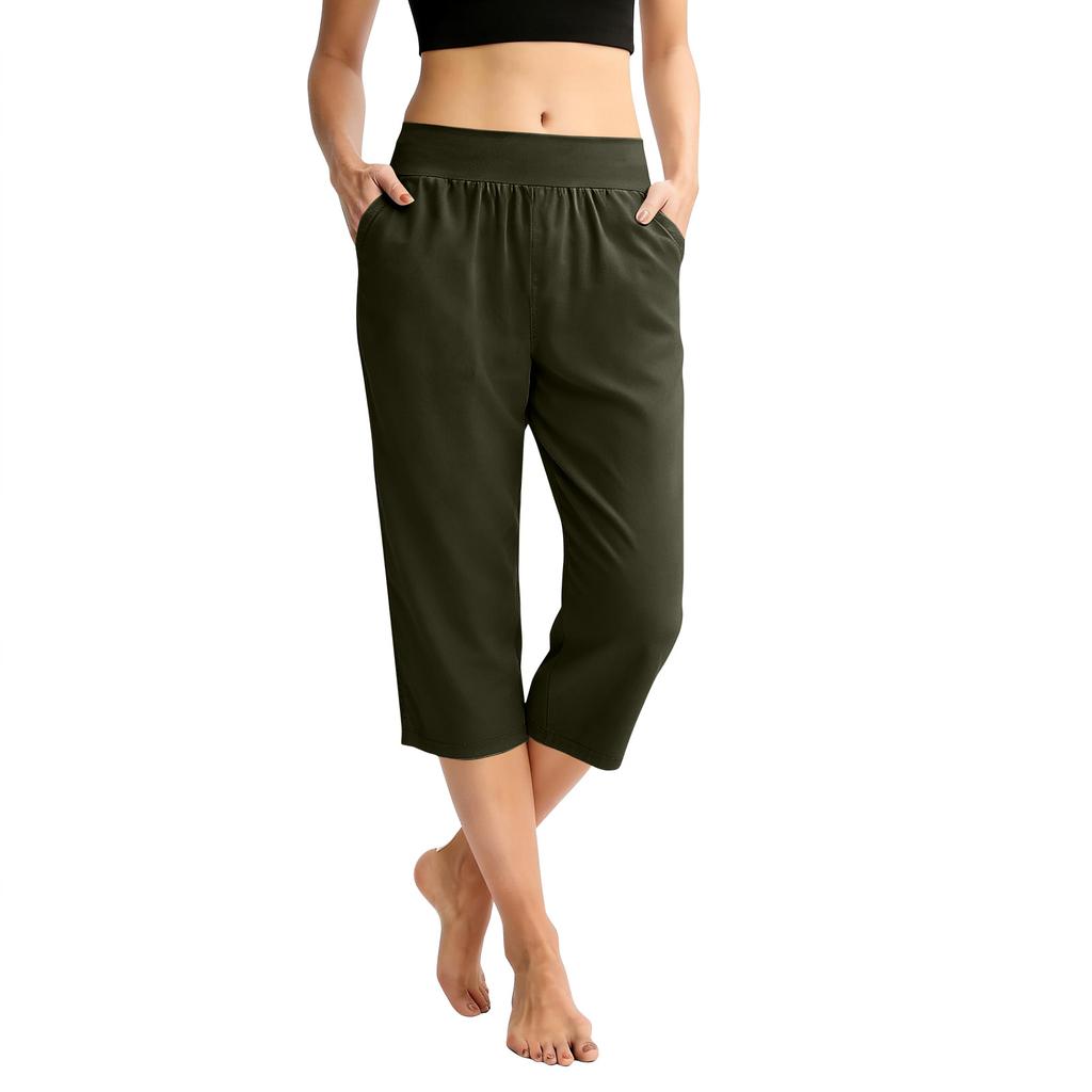 Women Elastic High Waist 3/4 Pant Casual Fit Wide Capris Leg Pants Trousers With Pockets