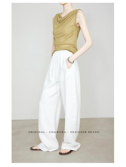 Women's White Straight-Leg Linen Pants, Elastic Waist, Spring/Summer Old Money Style, Extended Length.