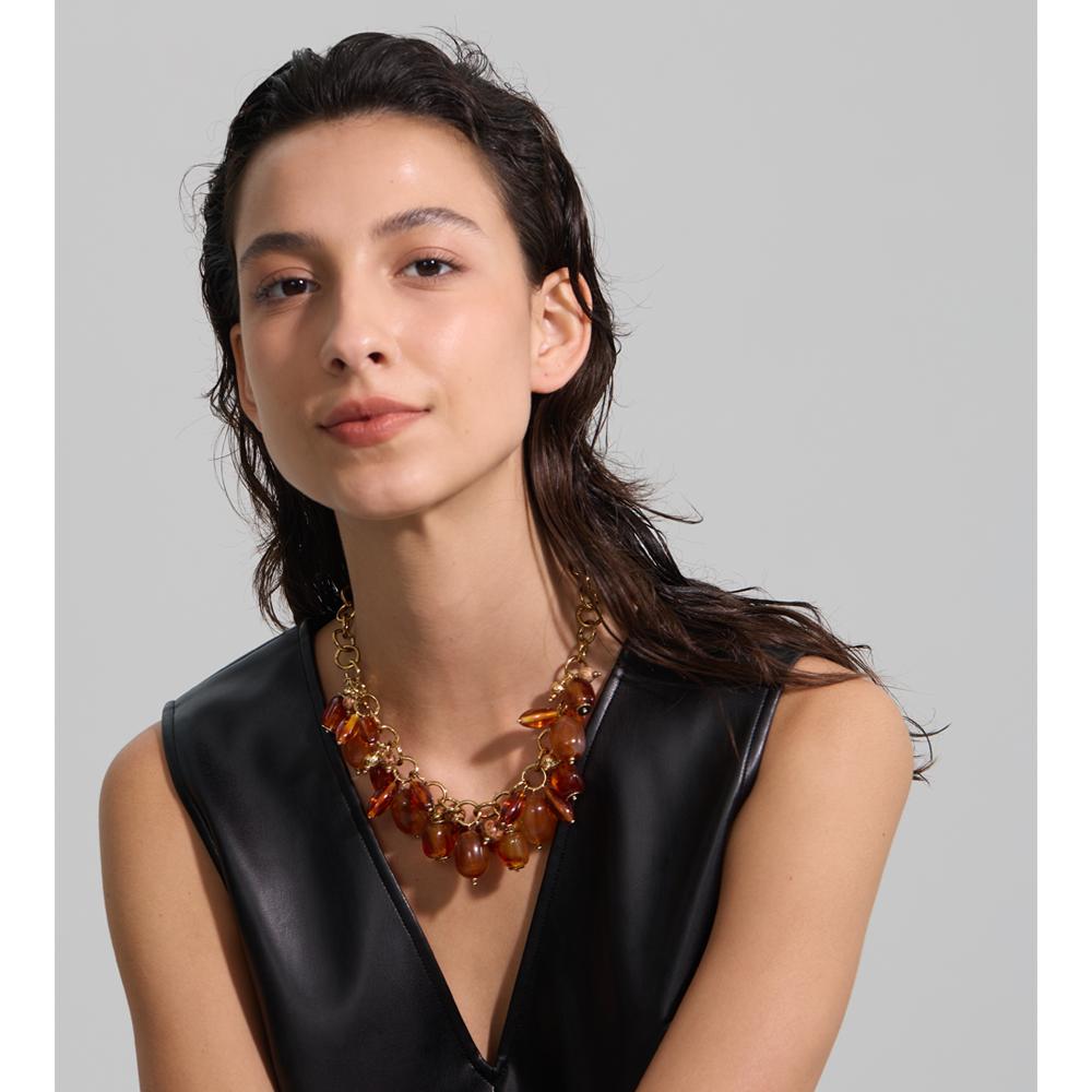 Yhpup Amber Resin Acrylic Beads Chain Pendant Drop Charm Statement Necklace for Women Stainless Steel Handmade Fashion Jewelry