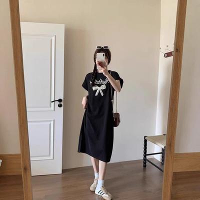 Korean-style Letter Print Casual T-shirt Dress for Women, Laid-back Style, Loose Mid-length Over-the-knee Slit Lazy Dress