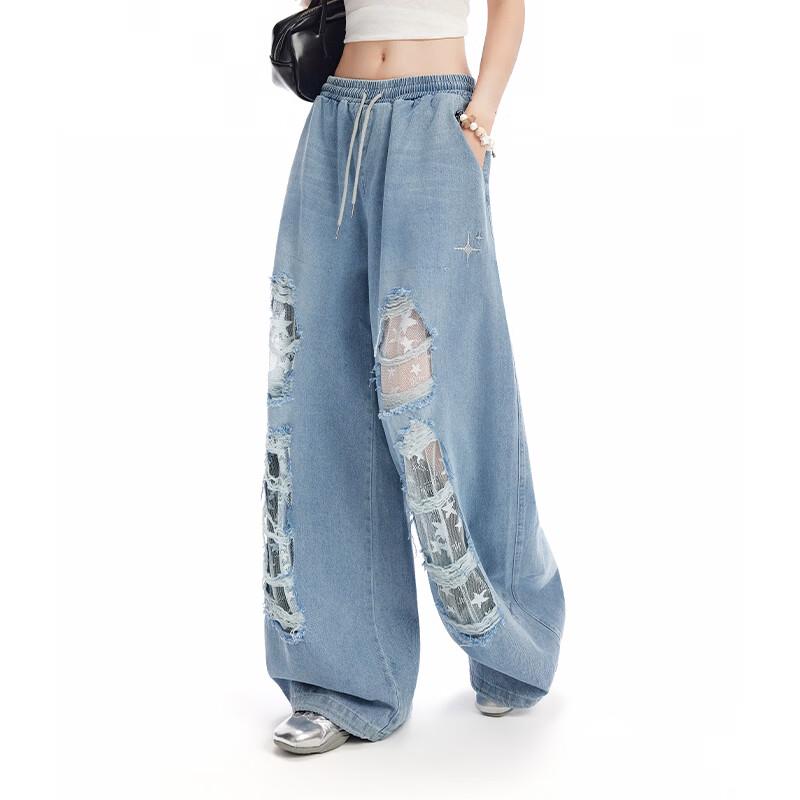 unifree Street Style Ripped Lace Wide-Leg Jeans