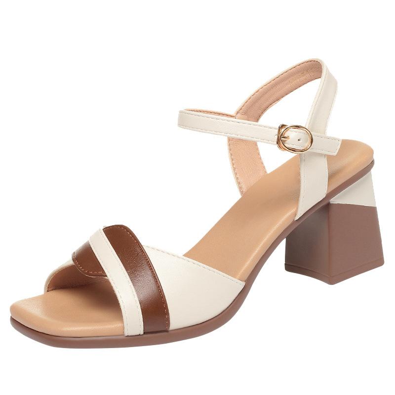 6.5cm Elegant Comfortable Mix Color Med Block Heels Sandals 2025 Summer Women's Soft Leather Shoes for Office Mom Beach Work